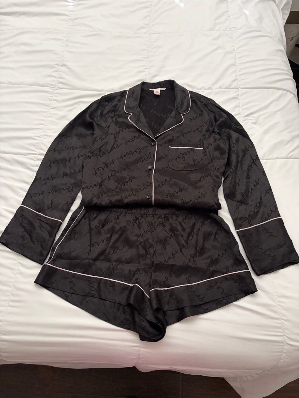 Victoria's Secret Black Satin Short Pajama Set with Cream Piping